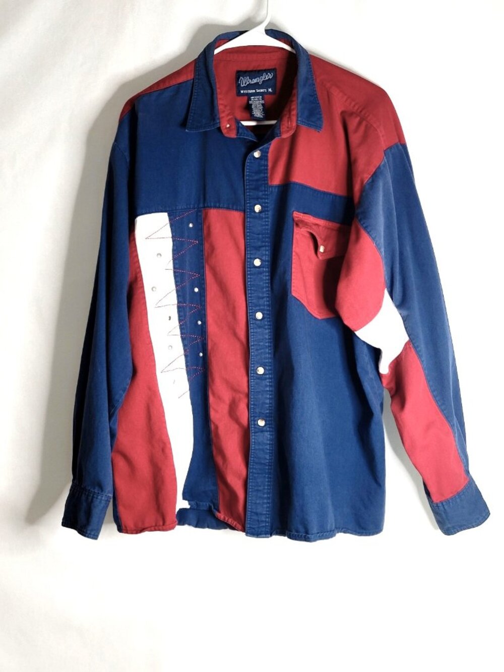 Wrangler Western Pearl Snap Shirt Mens XL Colorblock Navy Red White Embroidered